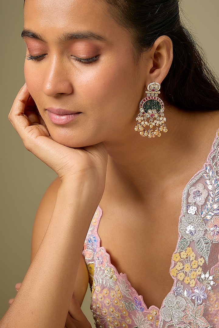 Gold Finish Emerald Stone & Kundan Polki Dangler Earrings by Aryah Jewels at Pernia's Pop Up Shop