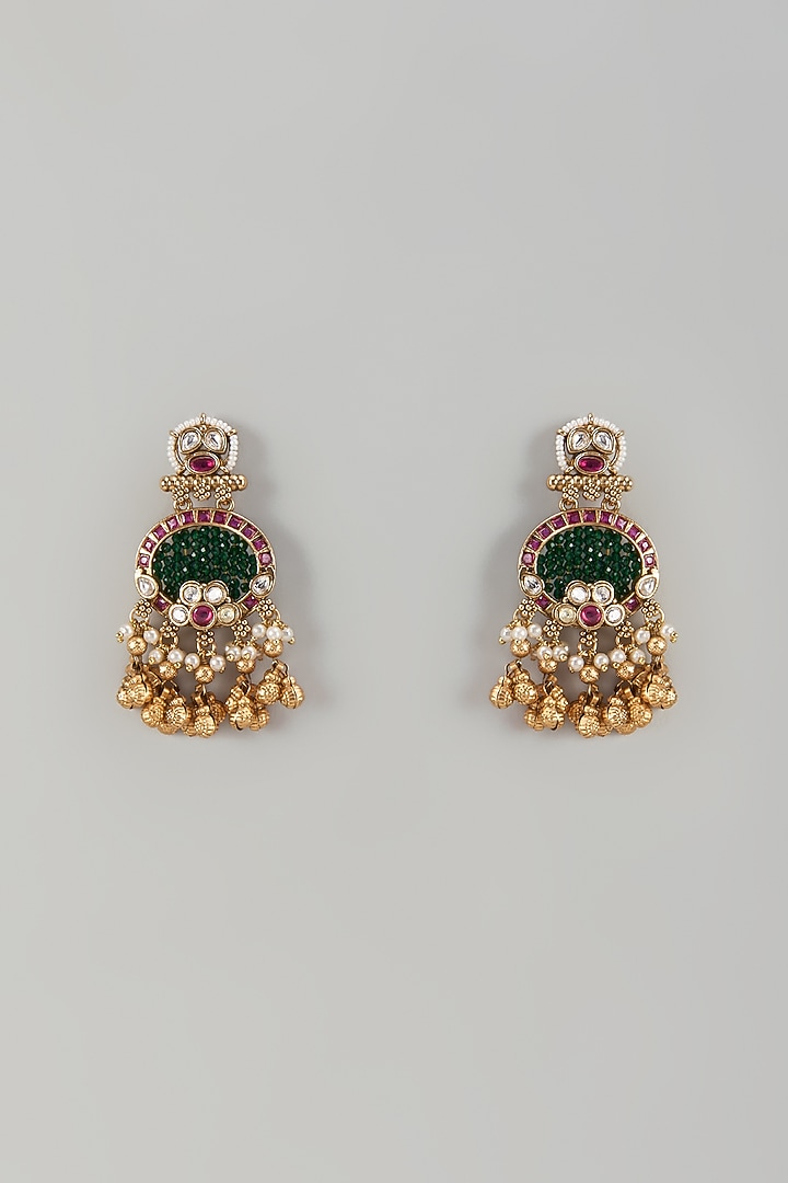 Gold Finish Emerald Stone & Kundan Polki Dangler Earrings by Aryah Jewels at Pernia's Pop Up Shop