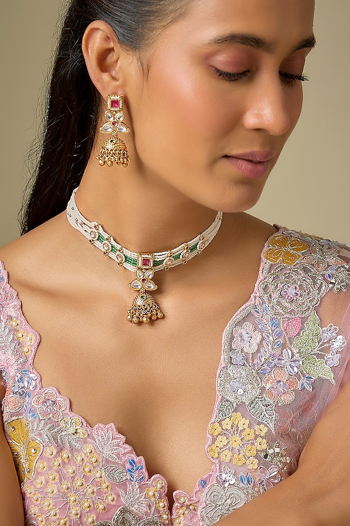 Gold Finish Kundan Polki & Ruby Stone Handcrafted Choker Necklace Set by Aryah Jewels at Pernia's Pop Up Shop