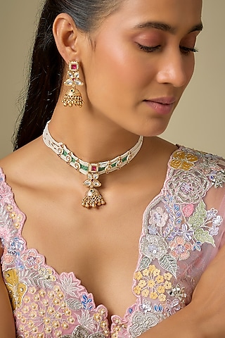 Gold Finish Kundan Polki & Ruby Stone Handcrafted Choker Necklace Set by Aryah Jewels