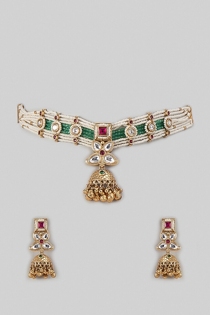 Gold Finish Kundan Polki & Ruby Stone Handcrafted Choker Necklace Set by Aryah Jewels at Pernia's Pop Up Shop