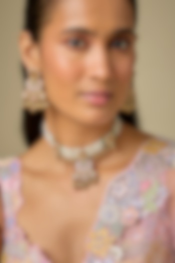 Gold Finish Green Stone & Kundan Polki Choker Necklace Set by Aryah Jewels at Pernia's Pop Up Shop