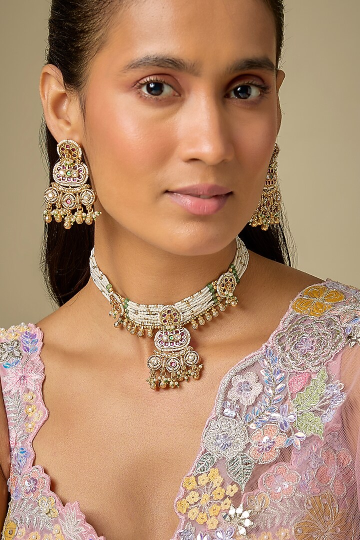Gold Finish Green Stone & Kundan Polki Choker Necklace Set by Aryah Jewels at Pernia's Pop Up Shop