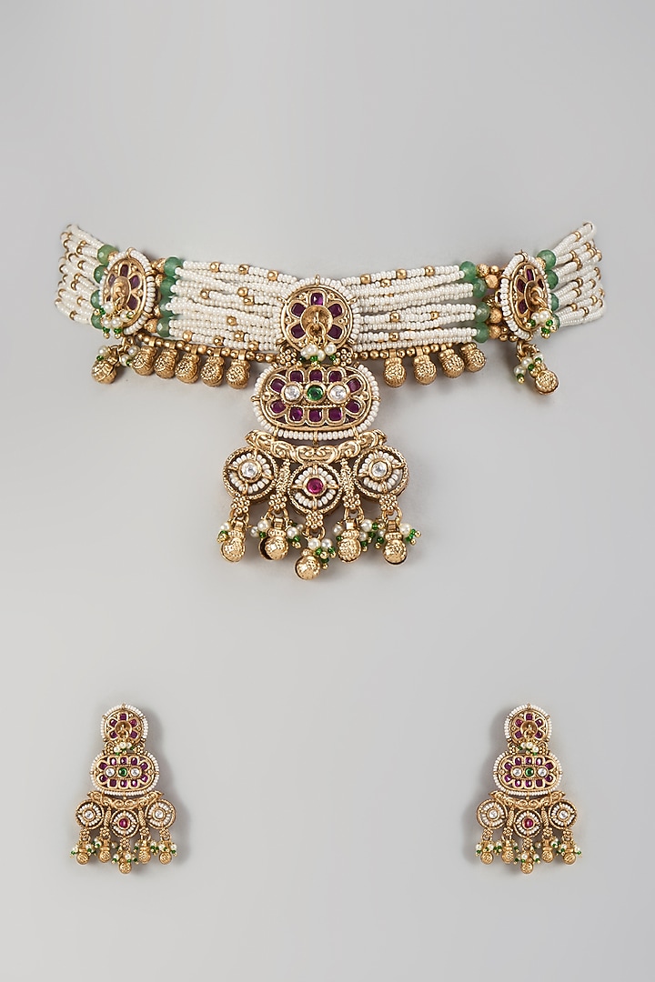 Gold Finish Green Stone & Kundan Polki Choker Necklace Set by Aryah Jewels at Pernia's Pop Up Shop
