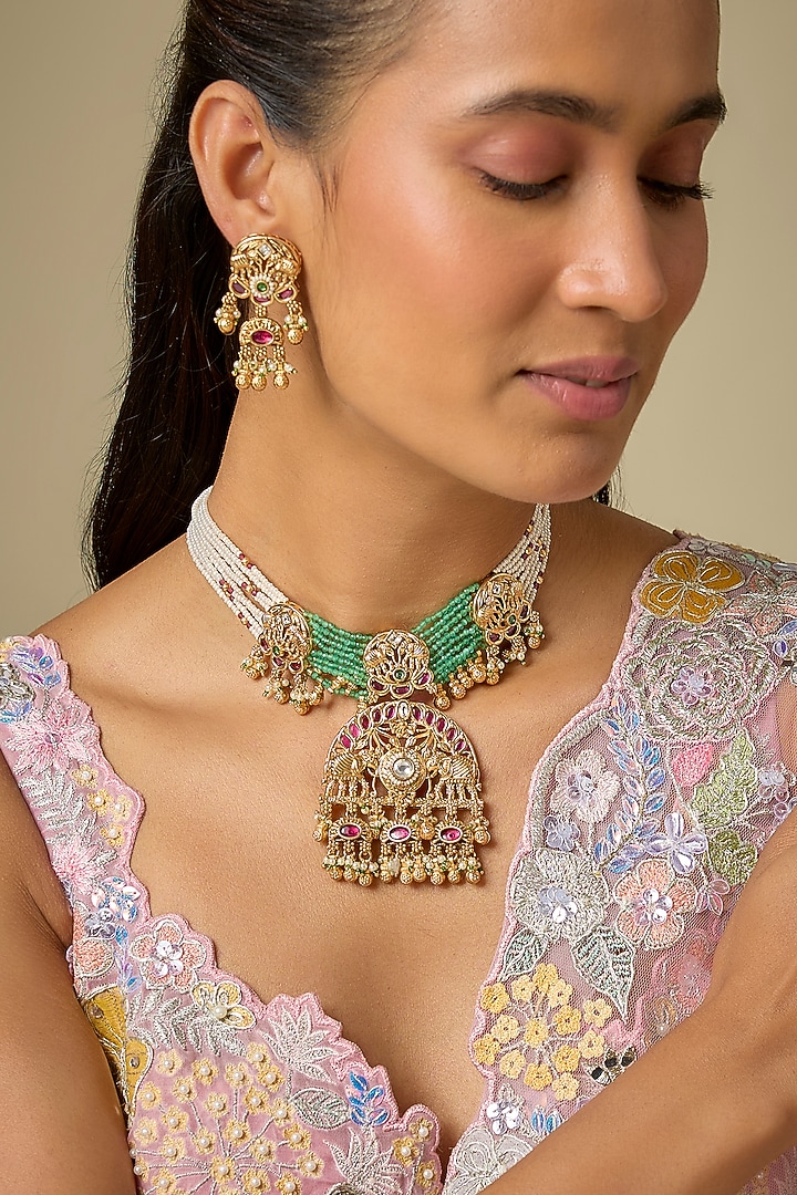 Gold Finish Green Beaded & Motif Pendant Necklace Set by Aryah Jewels at Pernia's Pop Up Shop