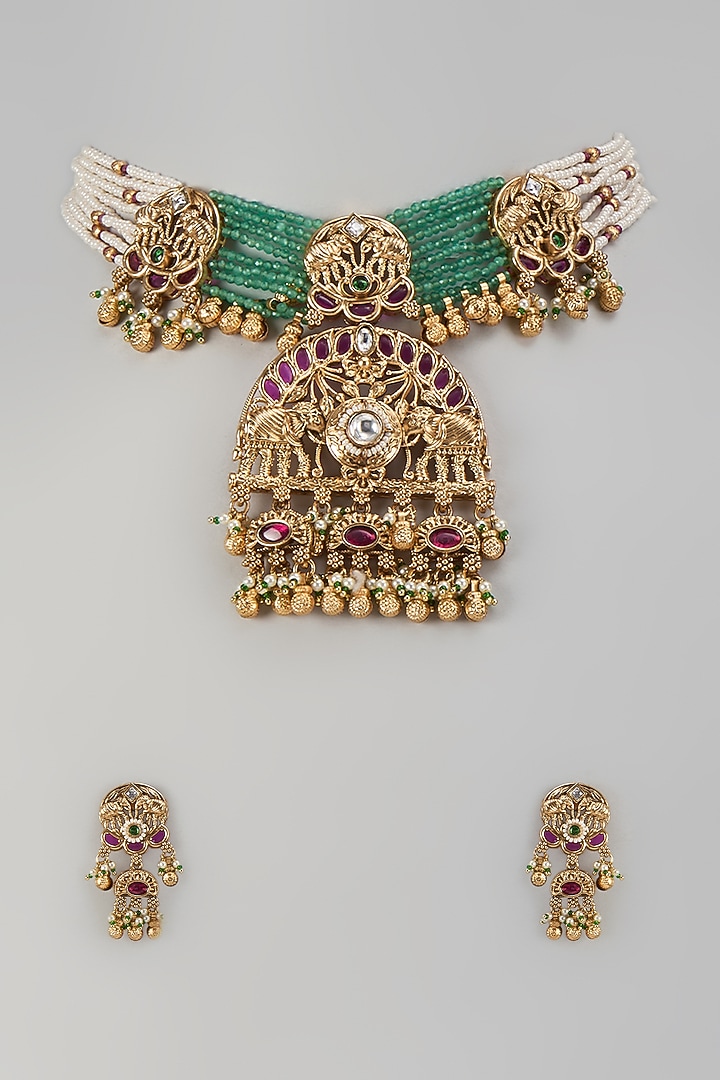 Gold Finish Green Beaded & Motif Pendant Necklace Set by Aryah Jewels at Pernia's Pop Up Shop