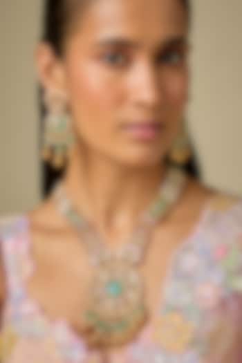 Gold Finish Emerald Stone & Uncut Zircon Pendant Necklace Set by Aryah Jewels at Pernia's Pop Up Shop