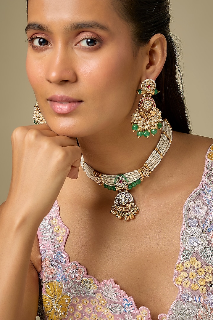 Gold Finish Kundan Polki & Green Stone Temple Choker Necklace Set by Aryah Jewels at Pernia's Pop Up Shop