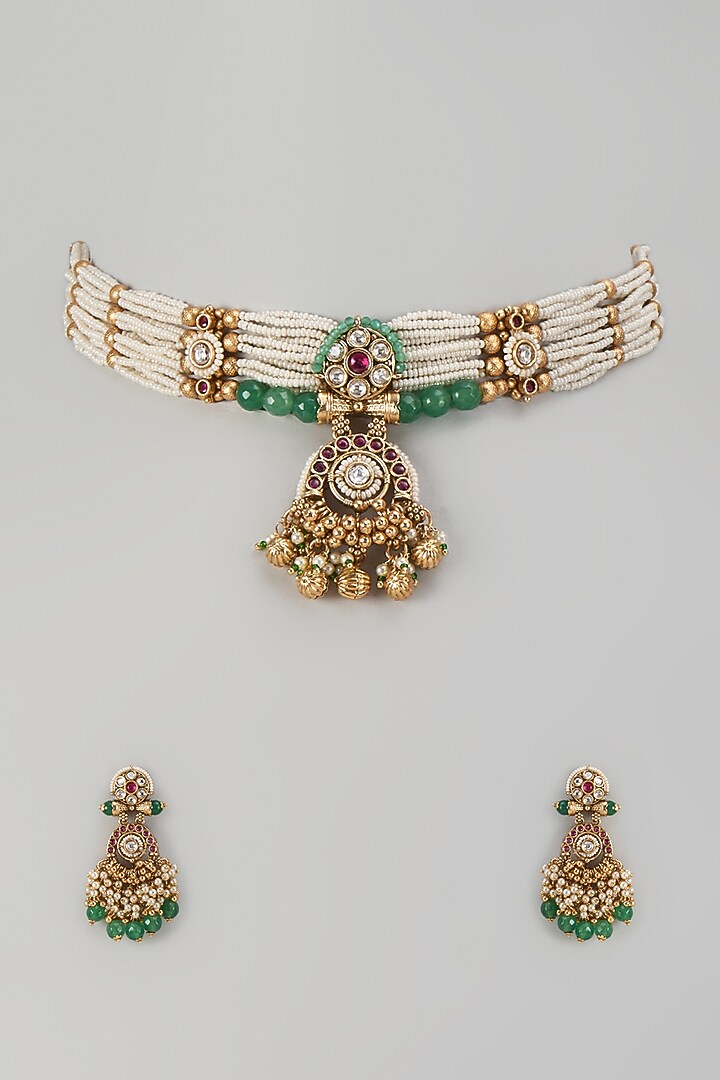Gold Finish Kundan Polki & Green Stone Temple Choker Necklace Set by Aryah Jewels at Pernia's Pop Up Shop