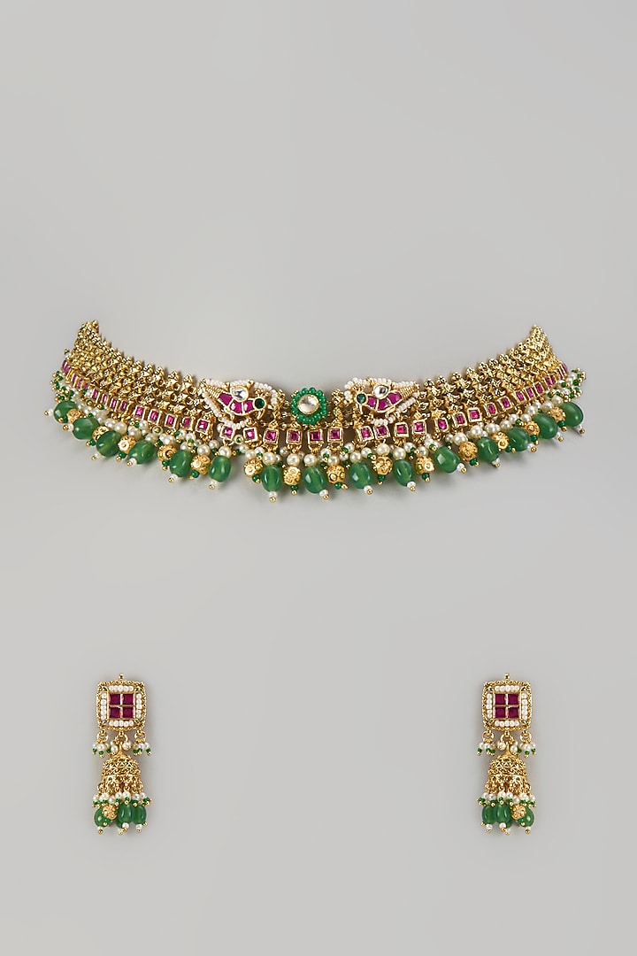 Gold Finish Kundan Polki & Ruby Stone Choker Necklace Set by Aryah Jewels at Pernia's Pop Up Shop