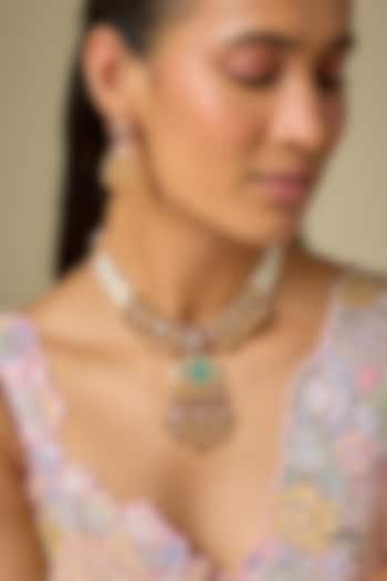Gold Finish Kundan Polki & Ruby Stone Handcrafted Choker Necklace Set by Aryah Jewels at Pernia's Pop Up Shop