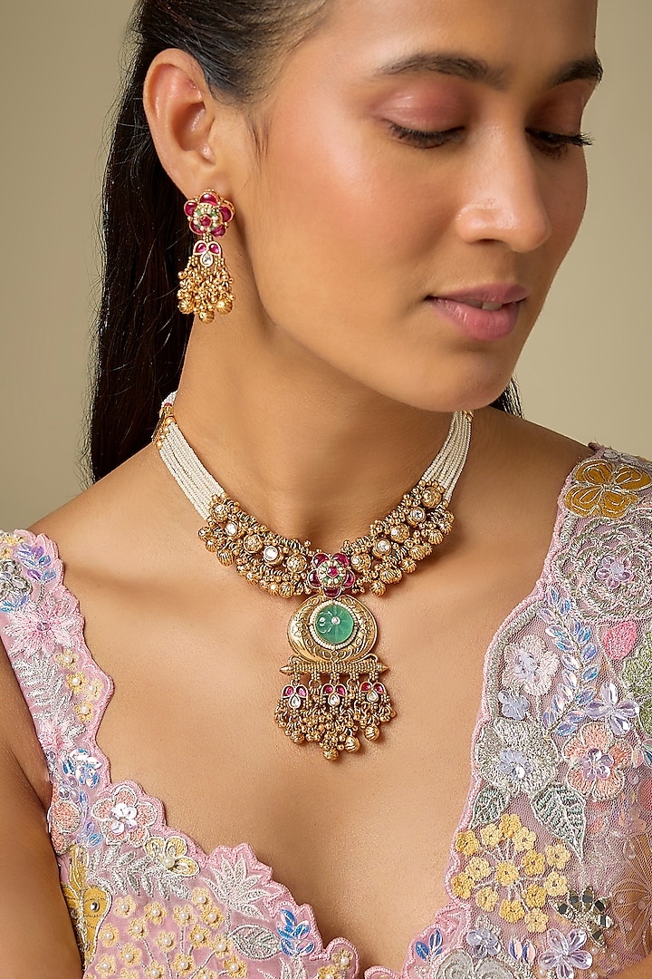 Gold Finish Kundan Polki & Ruby Stone Handcrafted Choker Necklace Set by Aryah Jewels at Pernia's Pop Up Shop