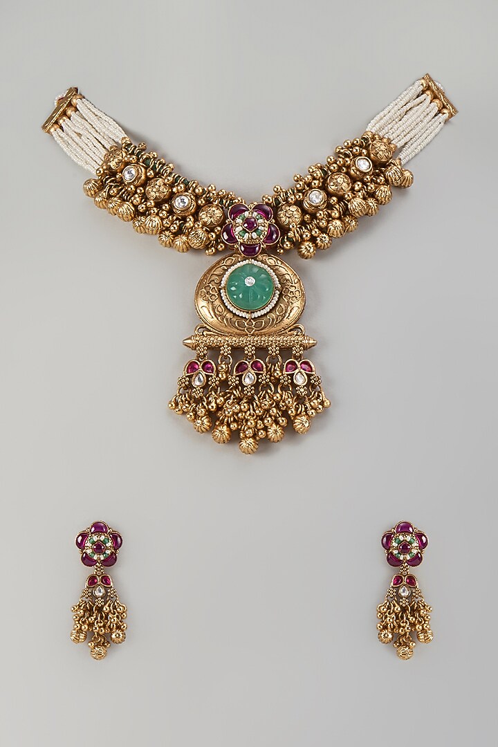 Gold Finish Kundan Polki & Ruby Stone Handcrafted Choker Necklace Set by Aryah Jewels at Pernia's Pop Up Shop