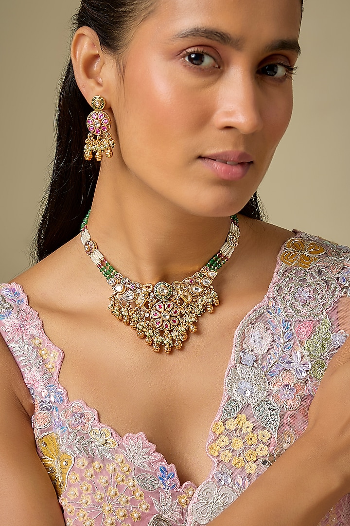 Gold Finish Kundan Polki & Multi-Colored Stone Temple Choker Necklace Set by Aryah Jewels at Pernia's Pop Up Shop