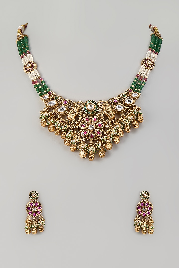 Gold Finish Kundan Polki & Multi-Colored Stone Temple Choker Necklace Set by Aryah Jewels at Pernia's Pop Up Shop