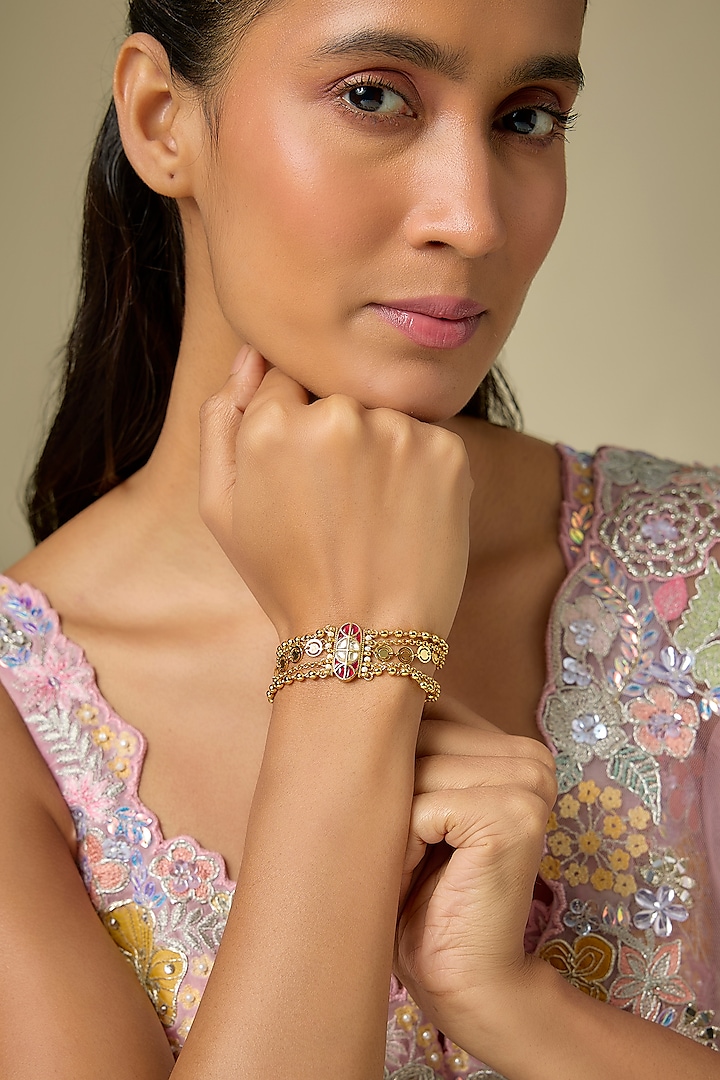 Gold Finish Kundan Polki & Ruby Stone Adjustable Bracelet by Aryah Jewels at Pernia's Pop Up Shop