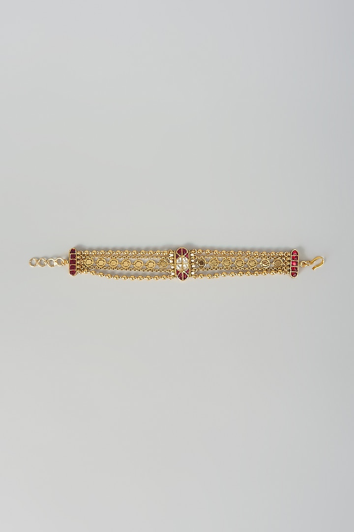 Gold Finish Kundan Polki & Ruby Stone Adjustable Bracelet by Aryah Jewels at Pernia's Pop Up Shop