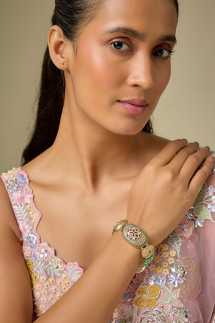 Gold Finish Kundan Polki & Emerald Stone Adjustable Bracelet by Aryah Jewels at Pernia's Pop Up Shop