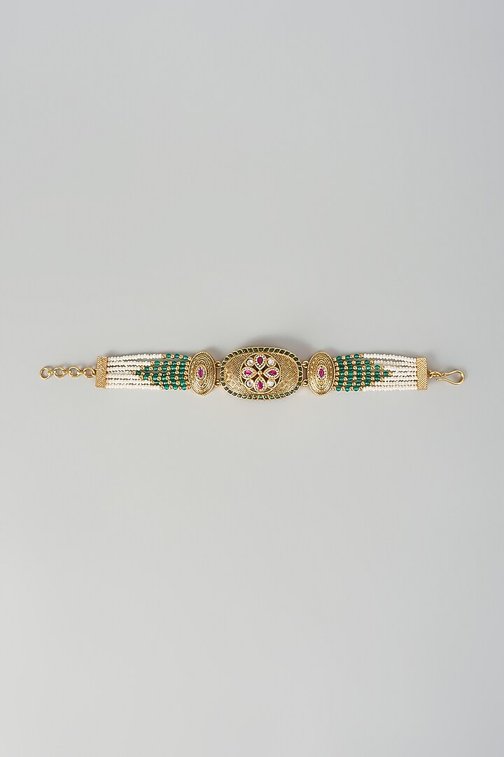 Gold Finish Kundan Polki & Emerald Stone Adjustable Bracelet by Aryah Jewels at Pernia's Pop Up Shop