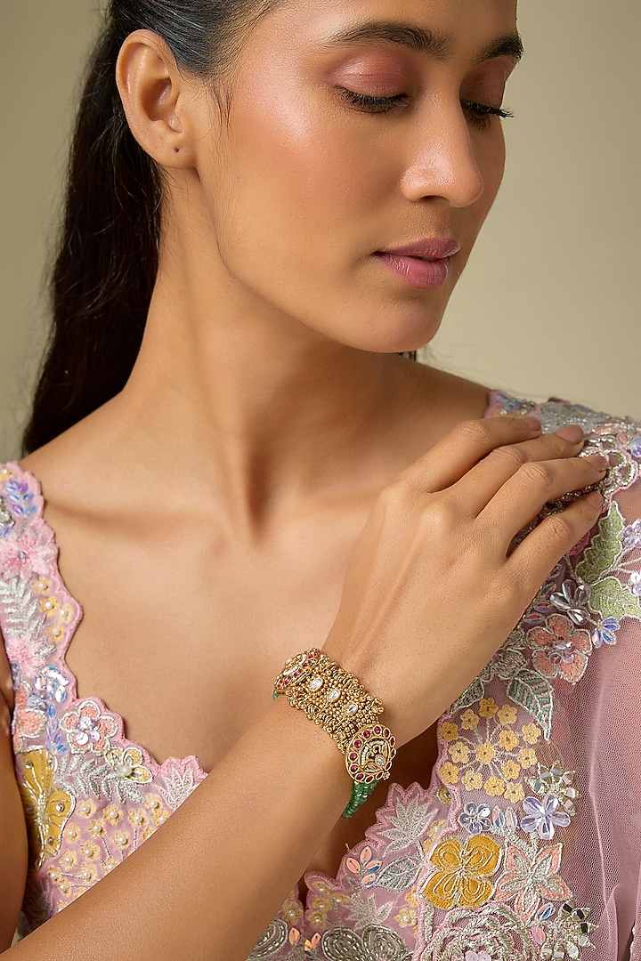 Gold Finish Green Beaded & Pink Stone Adjustable Bracelet by Aryah Jewels at Pernia's Pop Up Shop