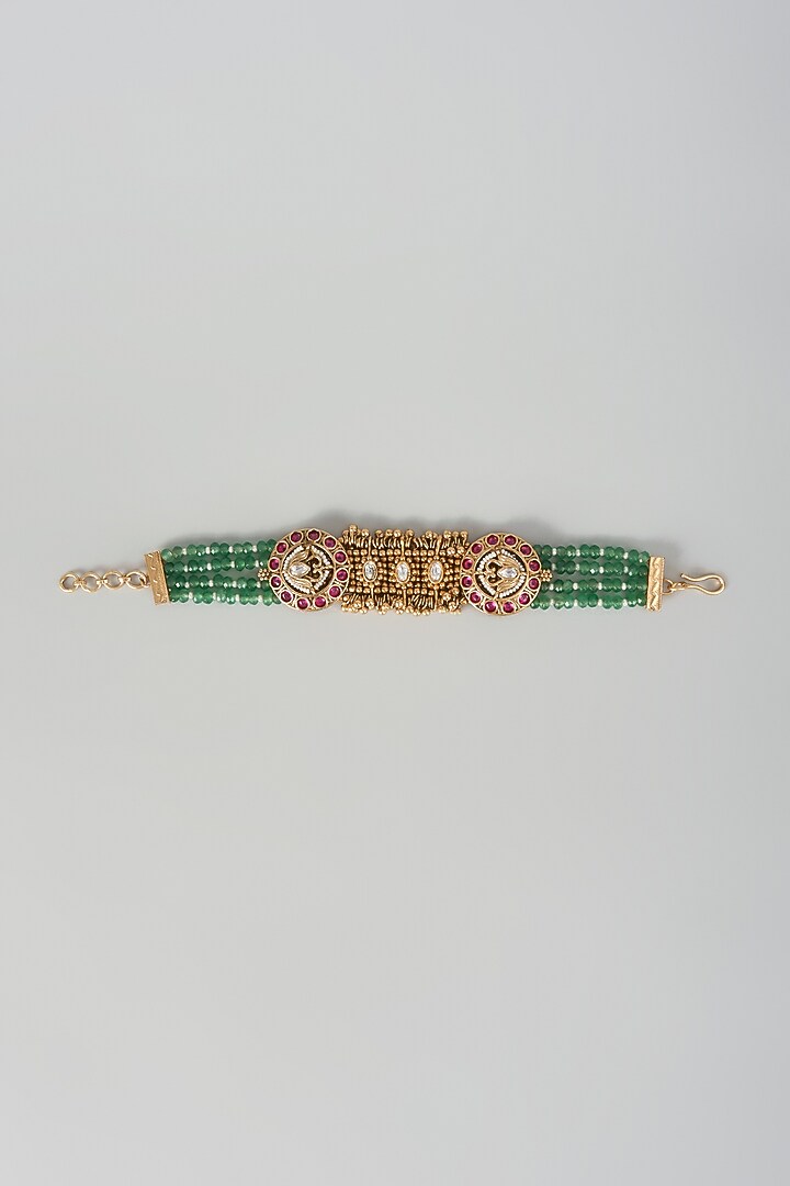 Gold Finish Green Beaded & Pink Stone Adjustable Bracelet by Aryah Jewels at Pernia's Pop Up Shop