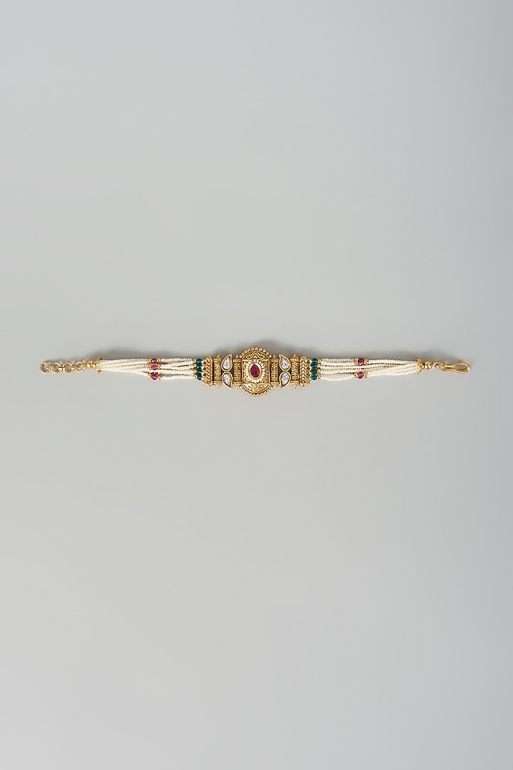 Gold Finish Kundan Polki & Ruby Stone Adjustable Bracelet by Aryah Jewels at Pernia's Pop Up Shop