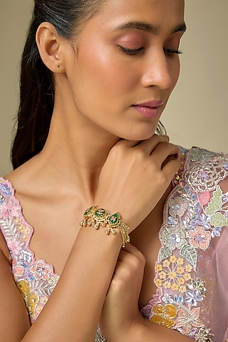 Gold Finish White Pearl & Green Stone Adjustable Bracelet by Aryah Jewels