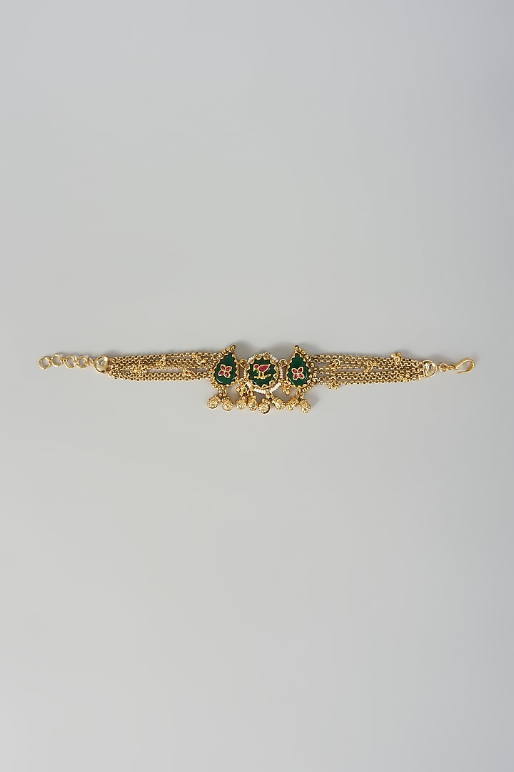 Gold Finish White Pearl & Green Stone Adjustable Bracelet by Aryah Jewels at Pernia's Pop Up Shop