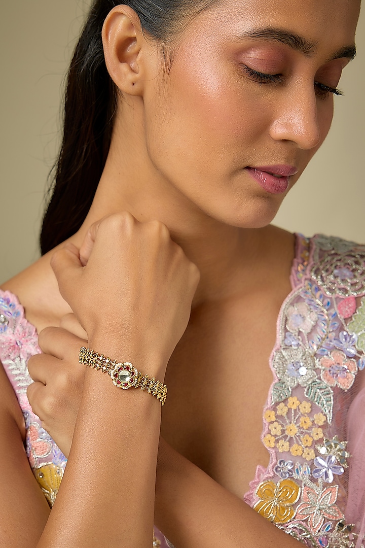 Gold Finish White Pearl & Red Stone Adjustable Bracelet by Aryah Jewels at Pernia's Pop Up Shop