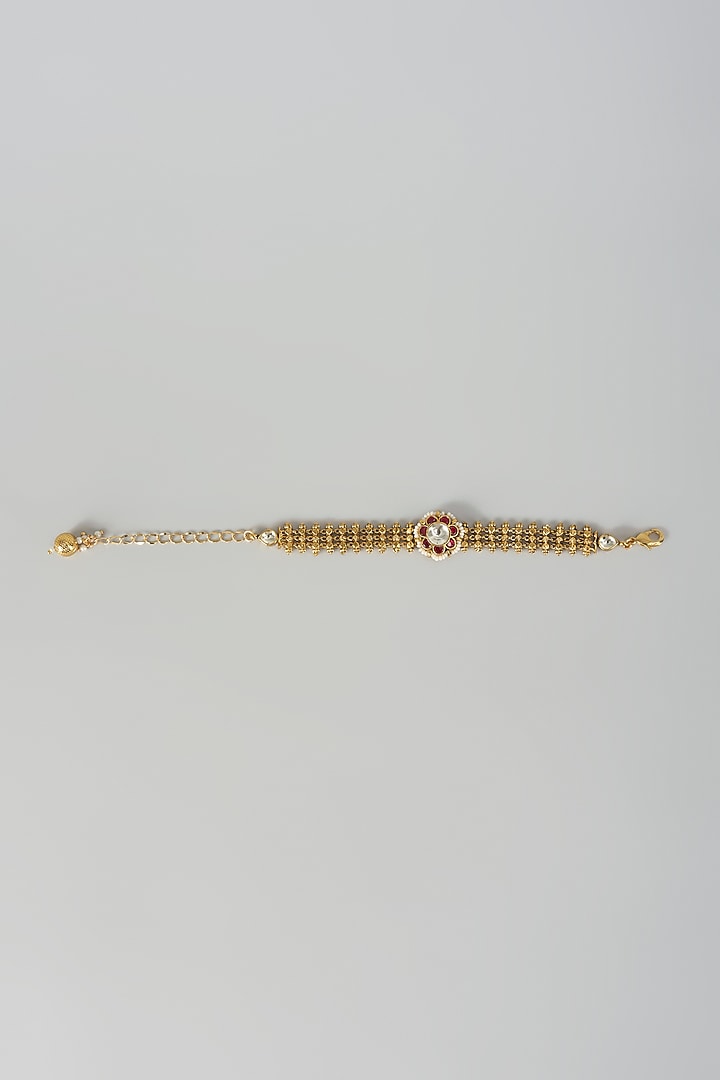 Gold Finish White Pearl & Red Stone Adjustable Bracelet by Aryah Jewels at Pernia's Pop Up Shop