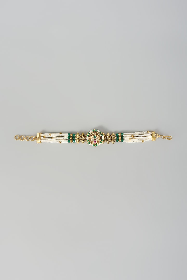 Gold Finish Green Stone & White Pearl Adjustable Bracelet by Aryah Jewels at Pernia's Pop Up Shop
