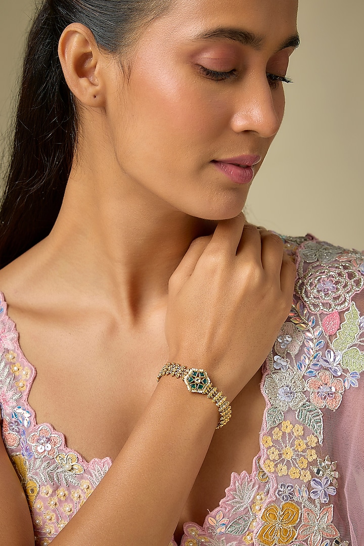 Gold Finish White Pearl & Green Stone Adjustable Bracelet by Aryah Jewels at Pernia's Pop Up Shop