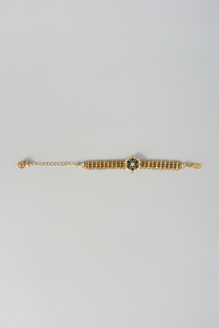 Gold Finish White Pearl & Green Stone Adjustable Bracelet by Aryah Jewels at Pernia's Pop Up Shop