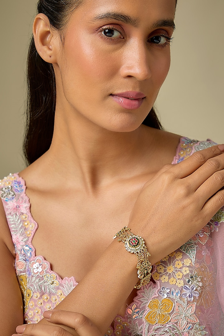 Gold Finish Green Stone & White Pearl Adjustable Bracelet by Aryah Jewels at Pernia's Pop Up Shop