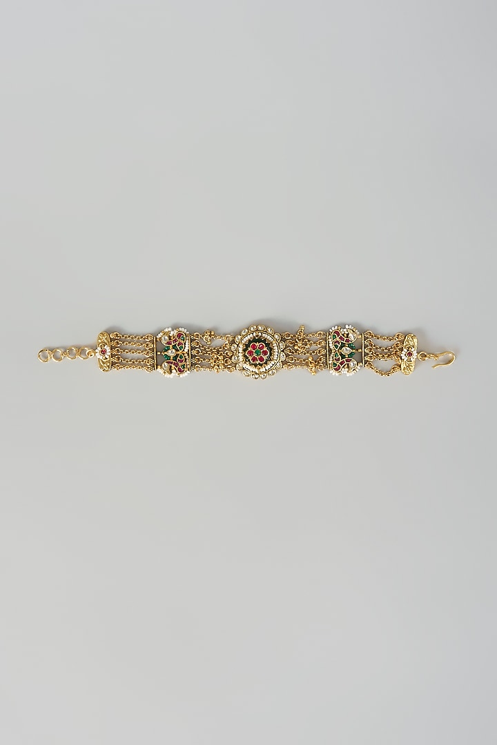 Gold Finish Green Stone & White Pearl Adjustable Bracelet by Aryah Jewels at Pernia's Pop Up Shop