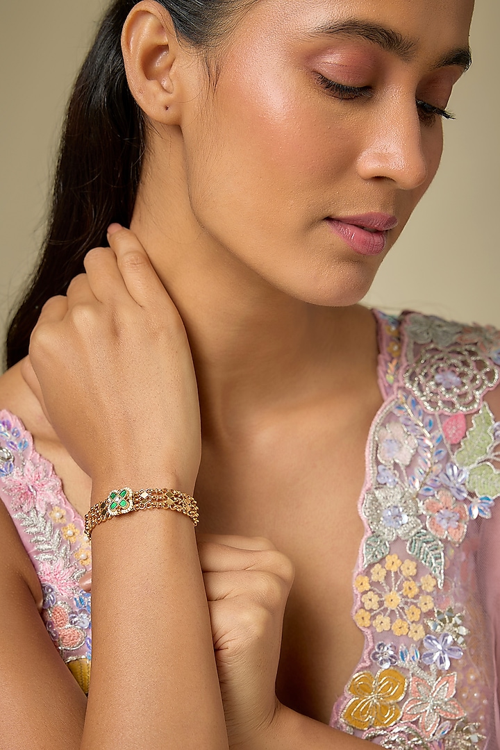 Gold Finish White Pearl & Green Stone Adjustable Bracelet by Aryah Jewels at Pernia's Pop Up Shop