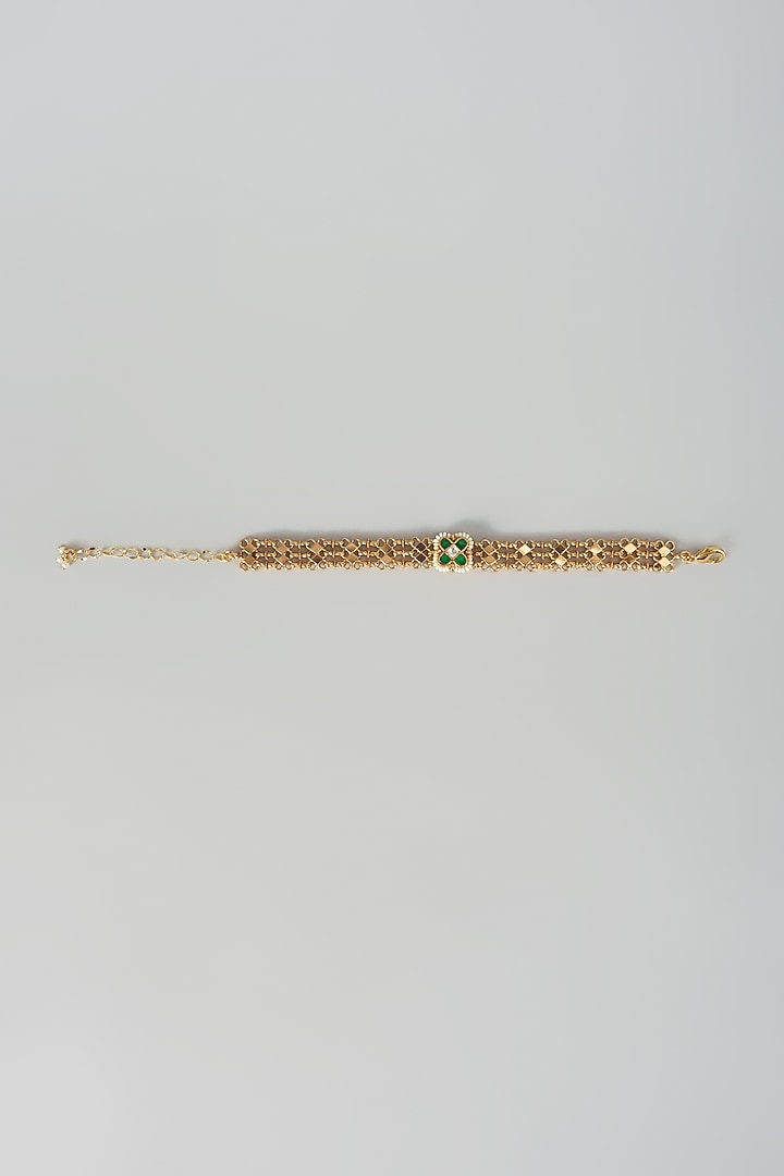 Gold Finish White Pearl & Green Stone Adjustable Bracelet by Aryah Jewels at Pernia's Pop Up Shop