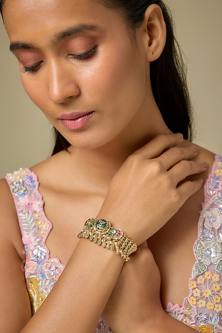 Gold Finish Green Stone & White Pearl Adjustable Bracelet by Aryah Jewels at Pernia's Pop Up Shop