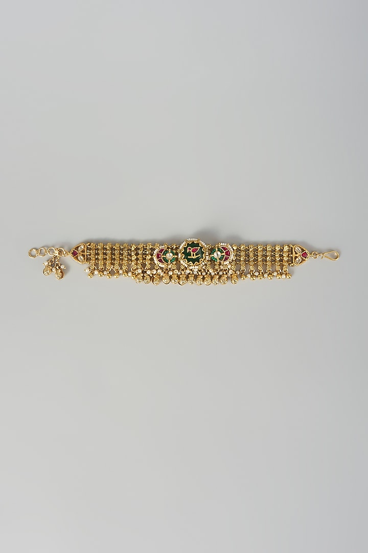 Gold Finish Green Stone & White Pearl Adjustable Bracelet by Aryah Jewels at Pernia's Pop Up Shop