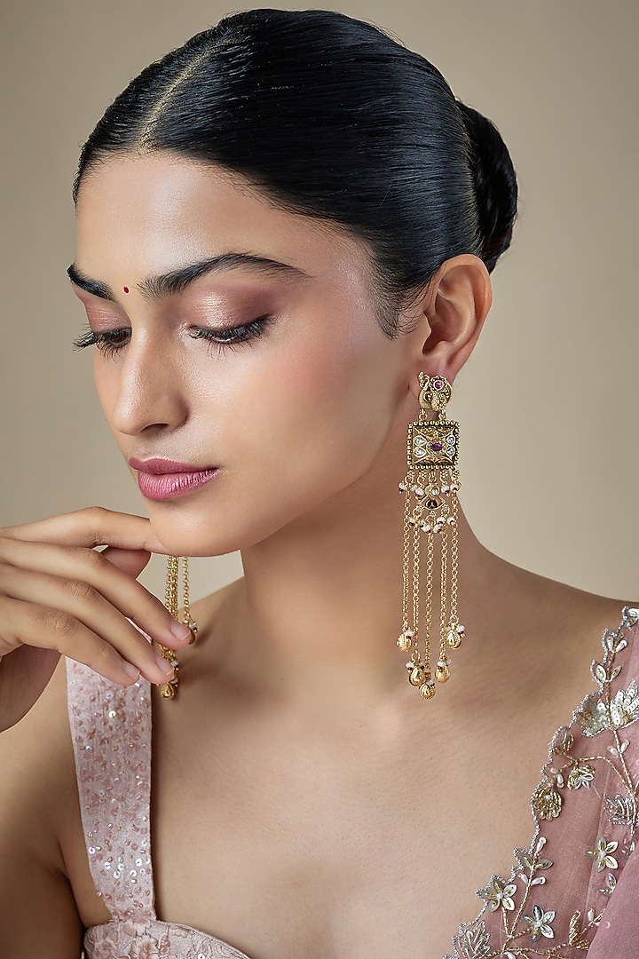 Gold Finish Kundan Polki & Green Stone Dangler Earrings by Aryah Jewels at Pernia's Pop Up Shop