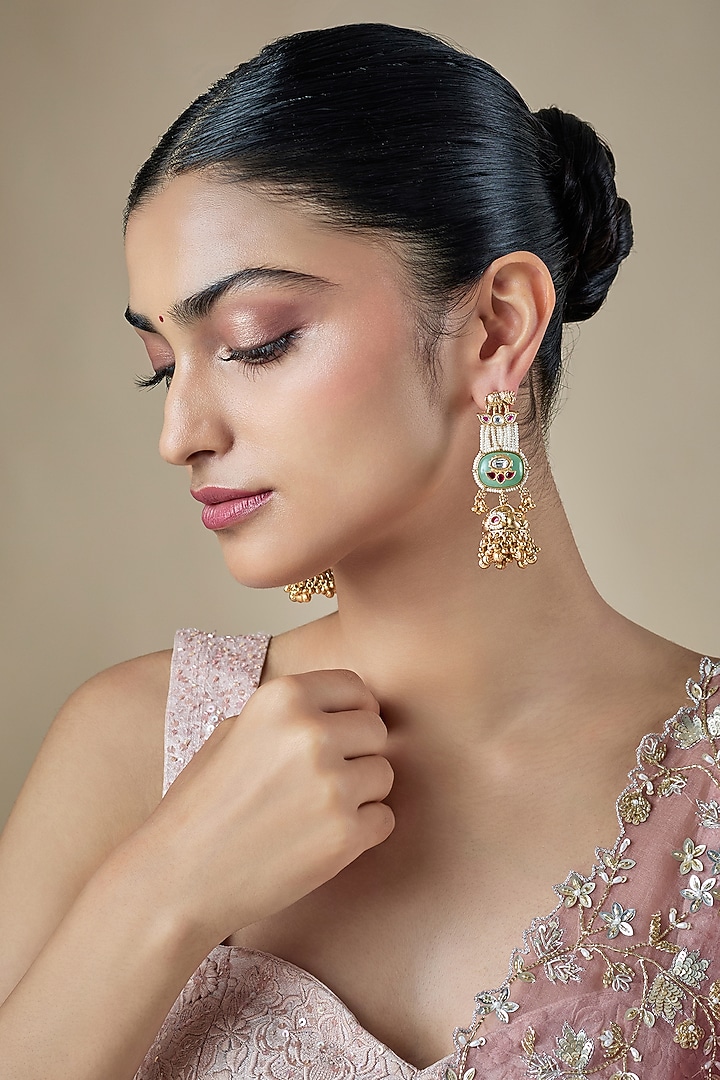 Gold Finish Pearl & Beaded Dangler Earrings by Aryah Jewels at Pernia's Pop Up Shop