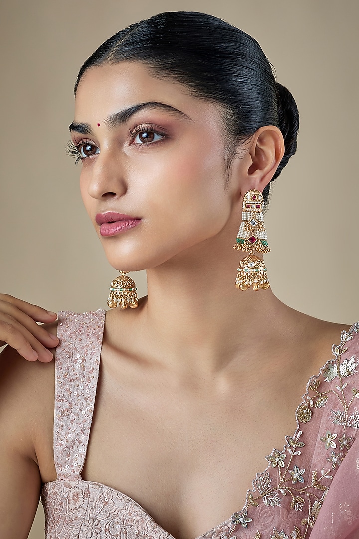 Gold Finish Kundan Polki & Emerald Stone Jhumka Earrings by Aryah Jewels at Pernia's Pop Up Shop