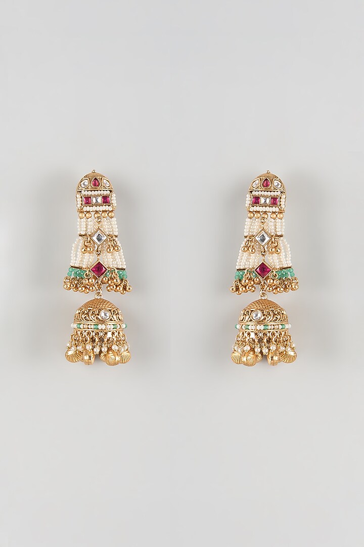 Gold Finish Kundan Polki & Emerald Stone Jhumka Earrings by Aryah Jewels at Pernia's Pop Up Shop