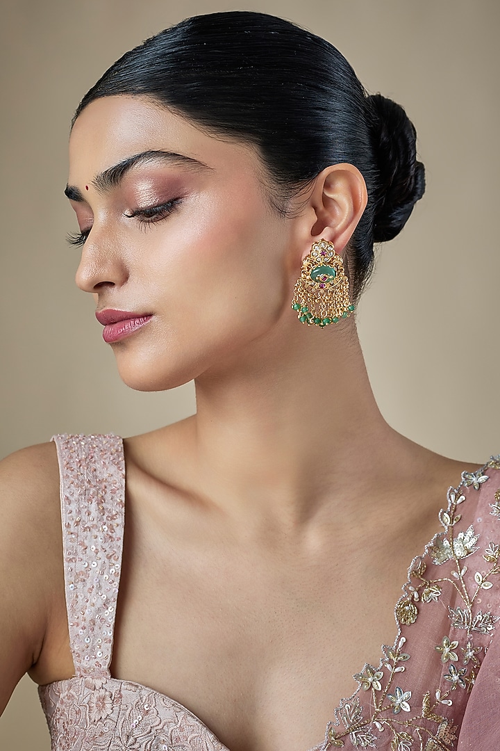 Antique Gold Finish Emerald & Ruby Stone Temple Stud Earrings by Aryah Jewels at Pernia's Pop Up Shop