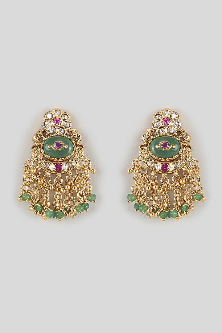 Antique Gold Finish Emerald & Ruby Stone Temple Stud Earrings by Aryah Jewels at Pernia's Pop Up Shop