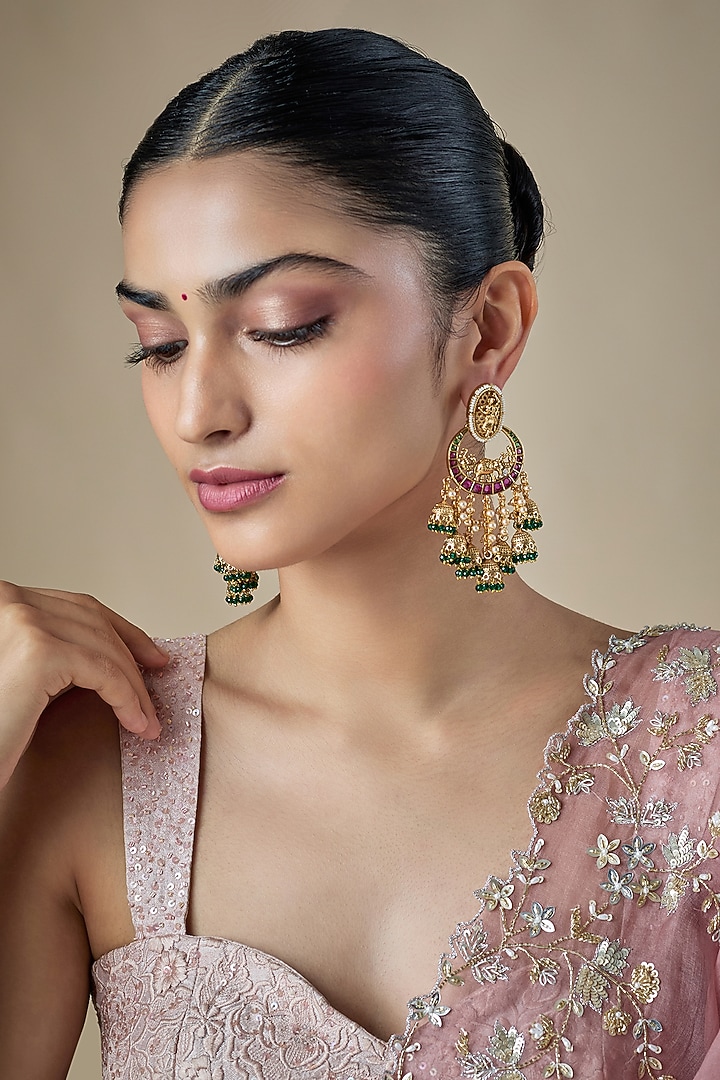 Antique Gold Finish Pearl & Ruby Stone Temple Dangler Earrings by Aryah Jewels at Pernia's Pop Up Shop