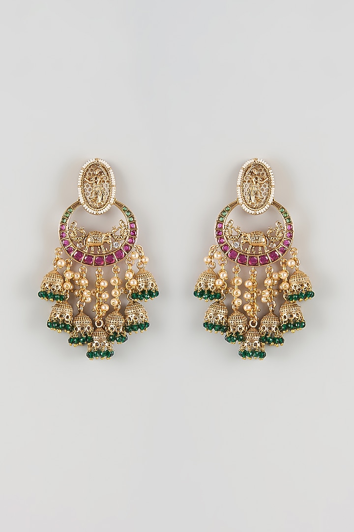 Antique Gold Finish Pearl & Ruby Stone Temple Dangler Earrings by Aryah Jewels at Pernia's Pop Up Shop