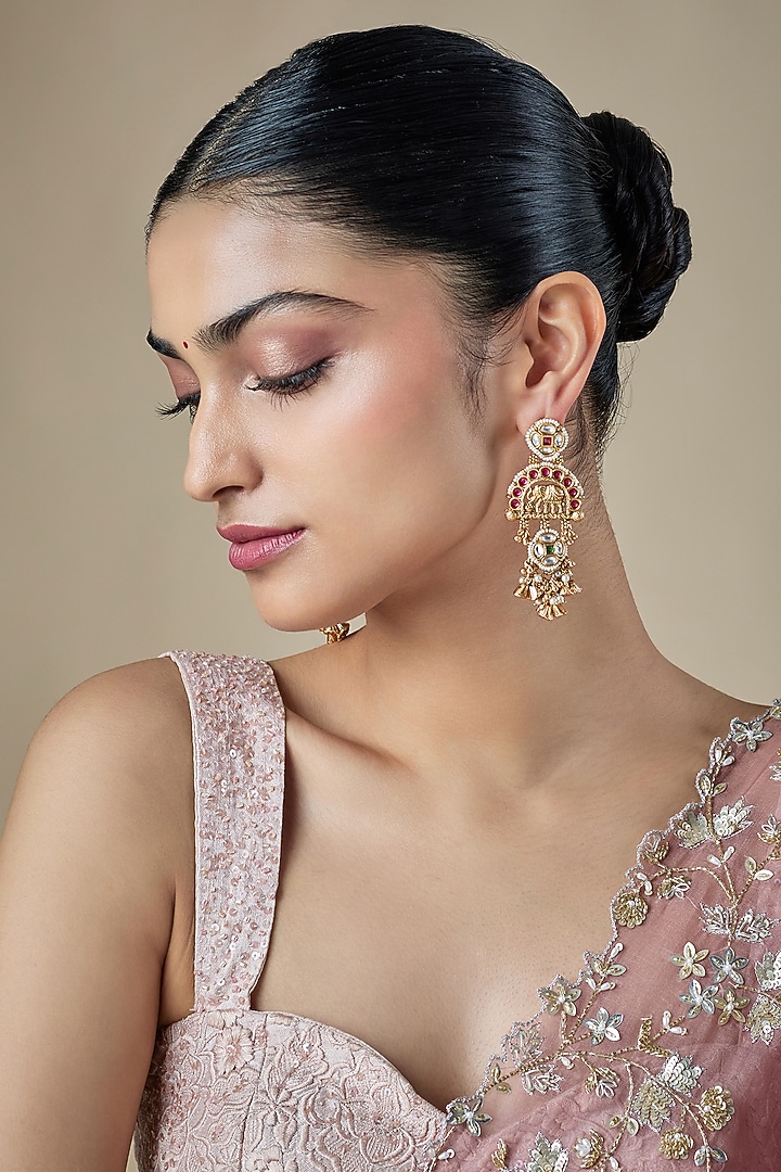 Antique Gold Finish Pearl & Ruby Stone Temple Dangler Earrings by Aryah Jewels at Pernia's Pop Up Shop