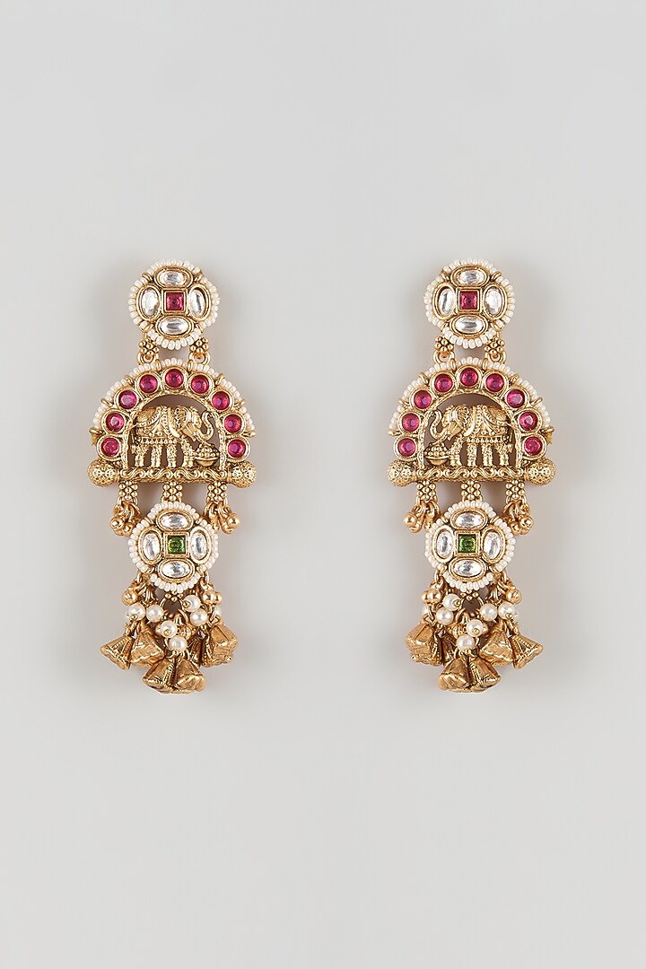 Antique Gold Finish Pearl & Ruby Stone Temple Dangler Earrings by Aryah Jewels at Pernia's Pop Up Shop