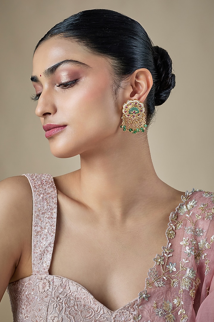 Antique Gold Finish Emerald & Ruby Stone Temple Stud Earrings by Aryah Jewels at Pernia's Pop Up Shop